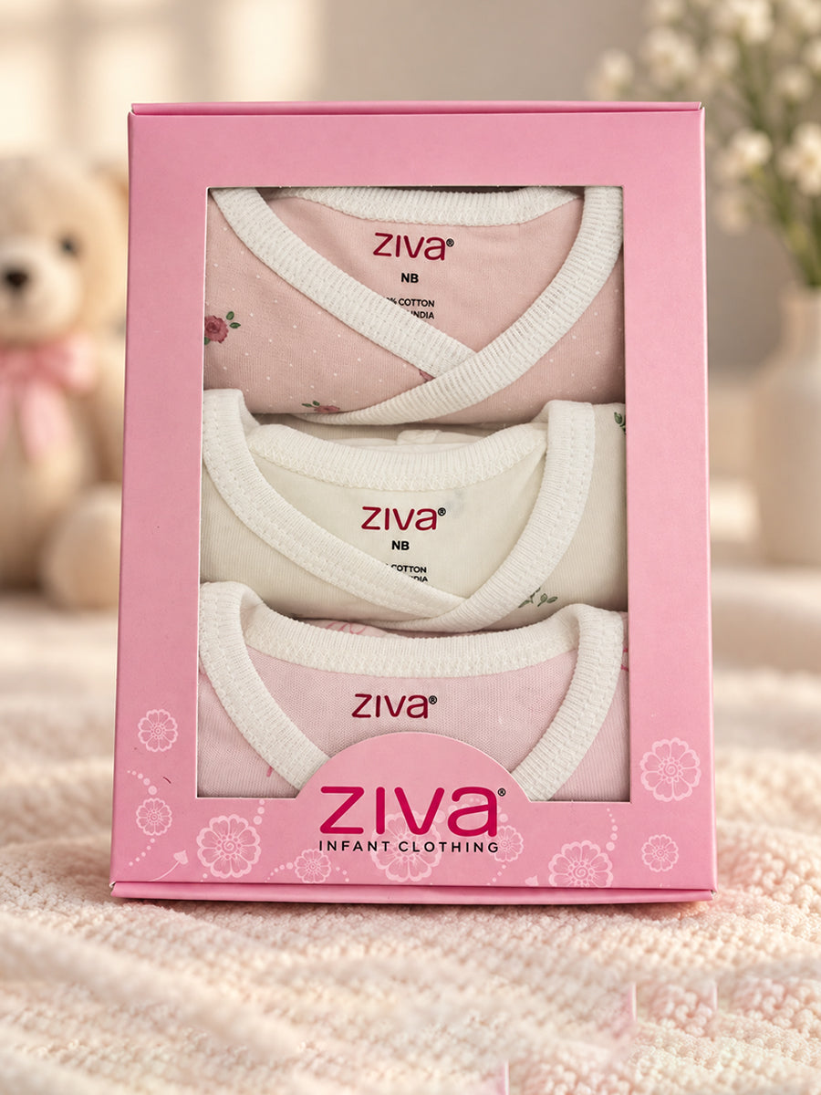 Ziva Baby Premium Knitted Cotton Overlap Romper – Pack of 3 | Ivory Mini Rose, Blush Pink Rose Dot & Baby Pink Bow Assorted Prints