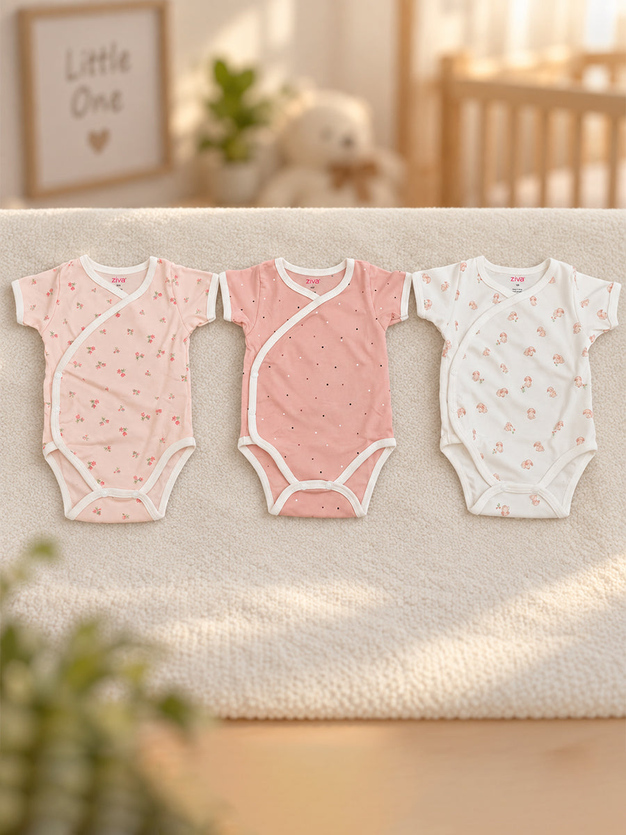 Ziva Baby Premium Knitted Cotton Overlap Romper – Pack of 3 | Blush Pink Tiny Floral, Dusty Rose Mini Dot & White Peach Bunny Assorted Prints.