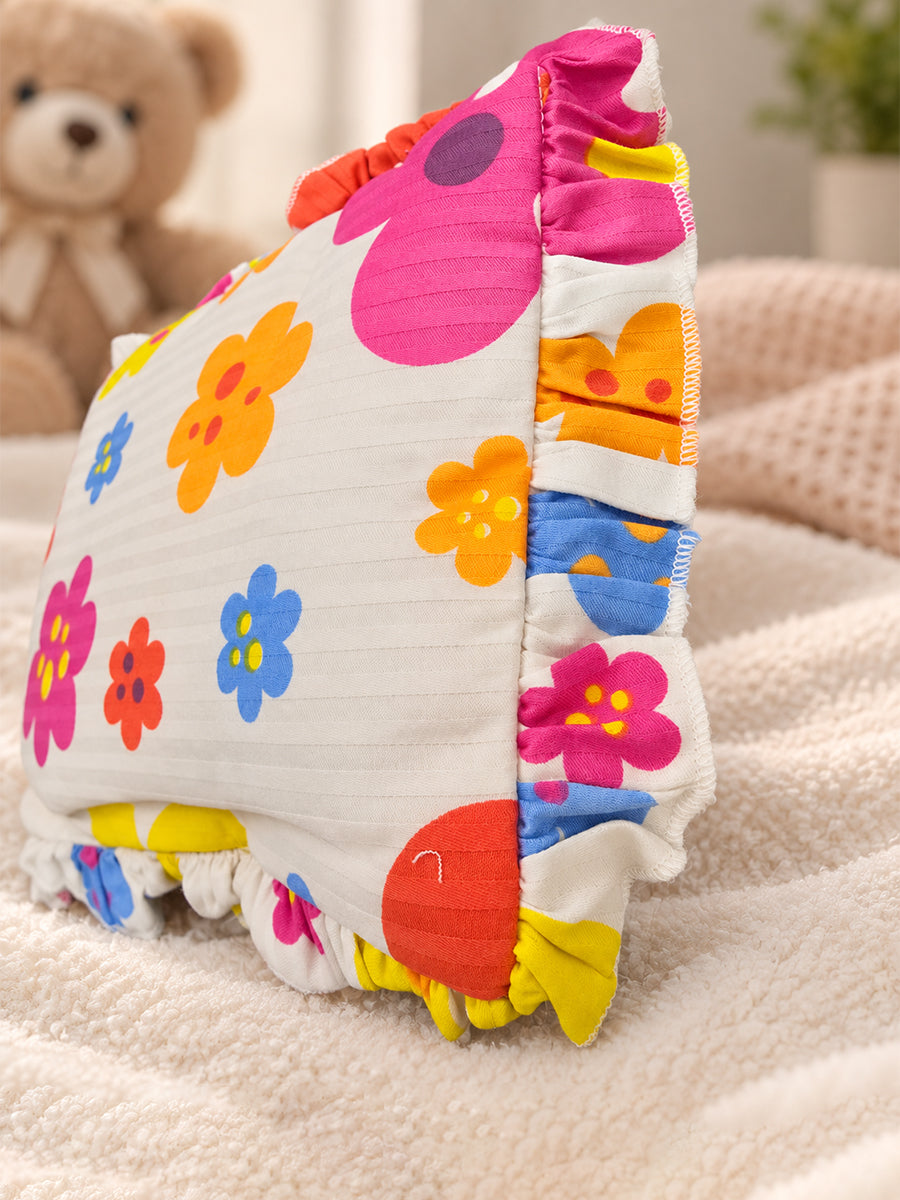 Ziva Baby Pillow with Cotton Cloth Cover – Multicolour Floral Print | Side Frill Detail | Lightweight Soft-Filled Inner Cushion