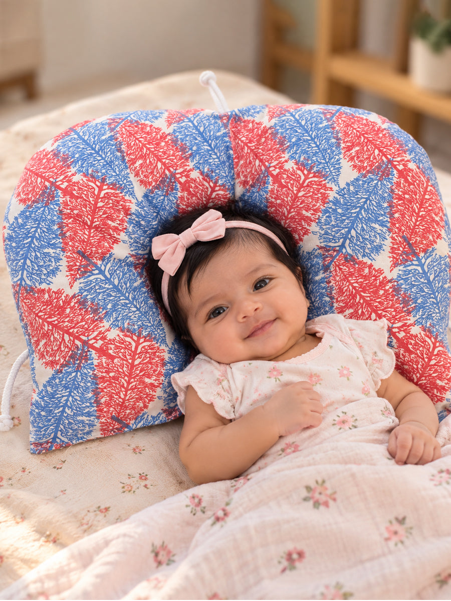 Ziva Multipurpose 3-Side Adjustable Support Pillow – Newborn to Adult | Red & Blue Botanical Print | Head, Neck, Back & Travel Support
