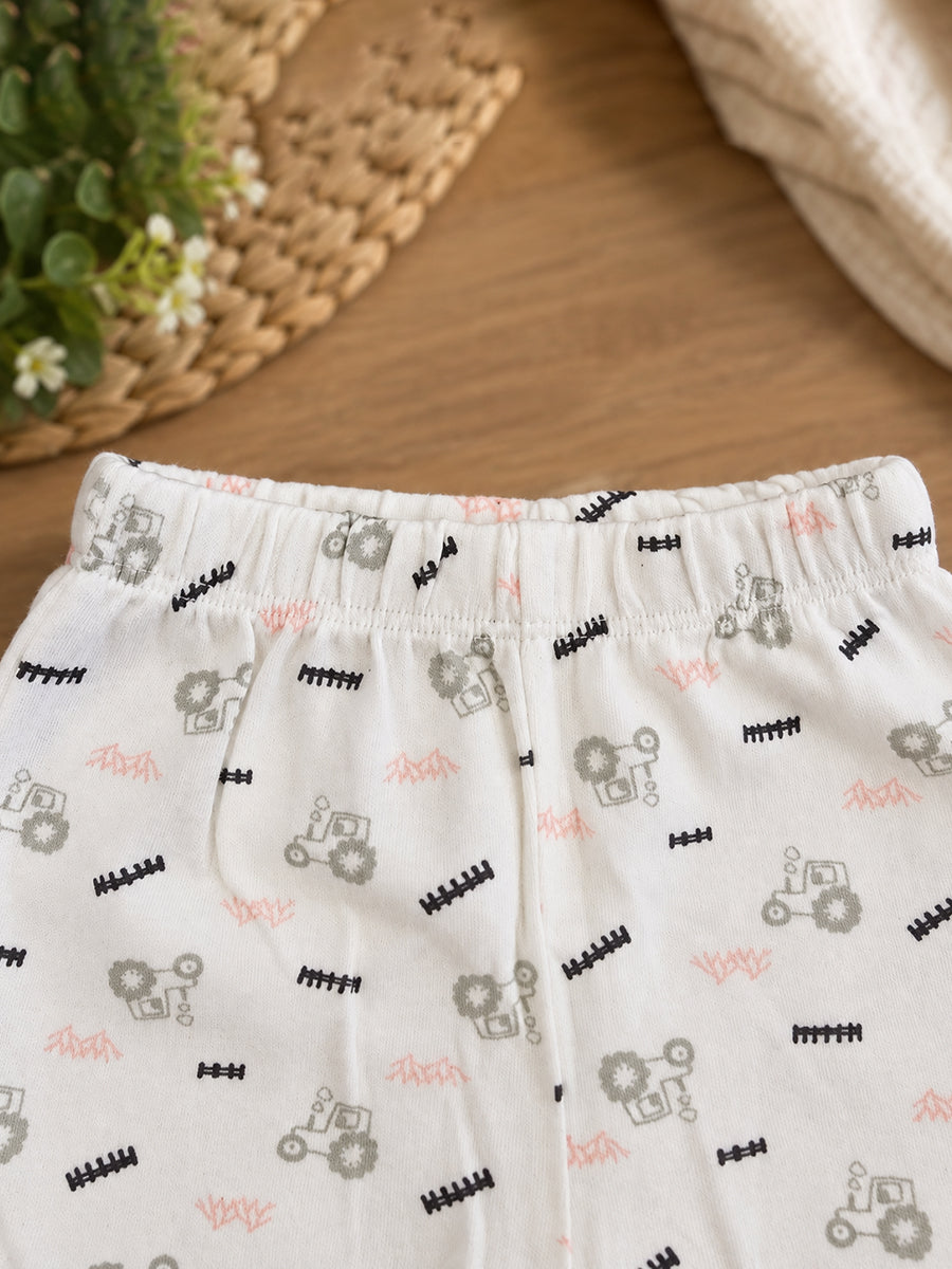 Baby Knitted Cotton Pants Combo – Pack of 3 | Assorted Floral, Tractor & Stripe Prints | Newborn | Ziva Collected | Carefully Selected for Your Little One