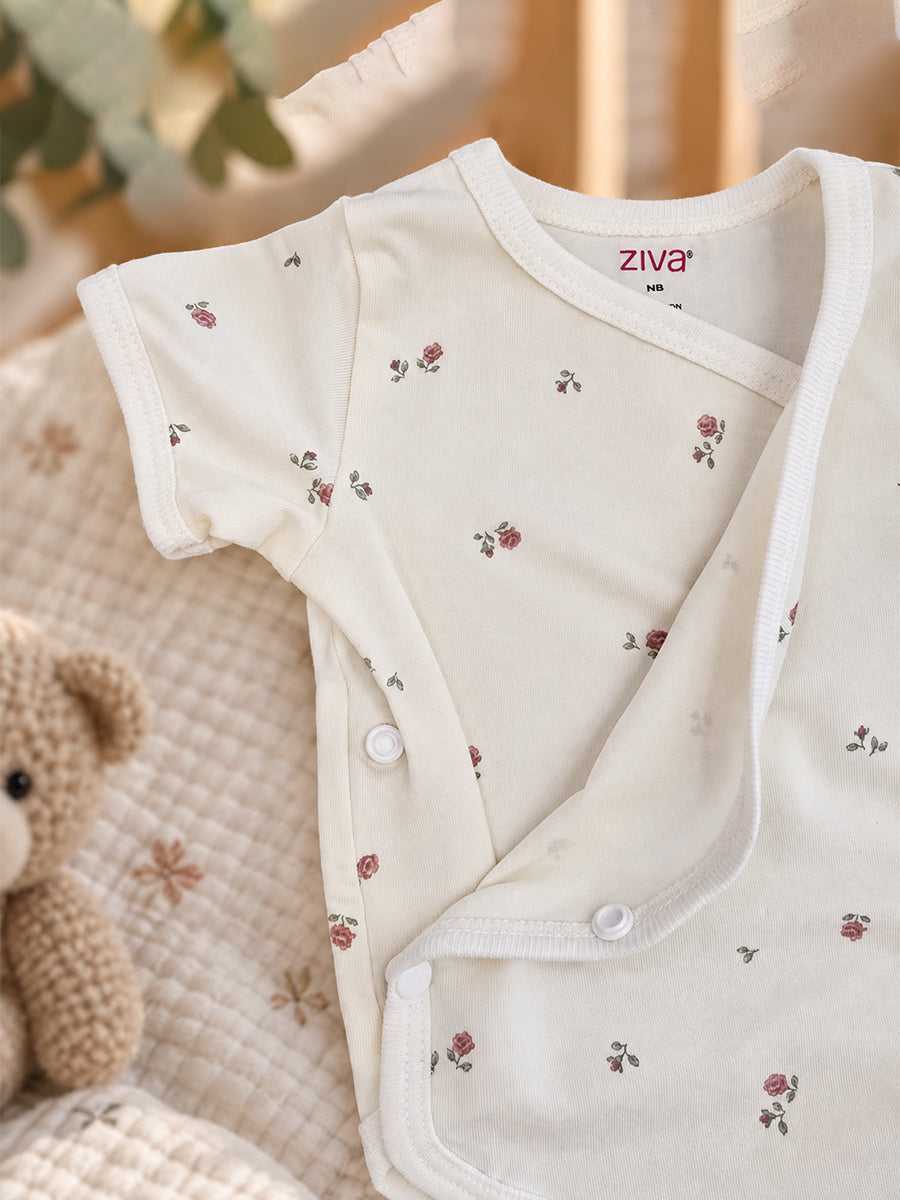 Ziva Baby Premium Knitted Cotton Overlap Romper – Pack of 3 | Ivory Mini Rose, Blush Pink Rose Dot & Baby Pink Bow Assorted Prints