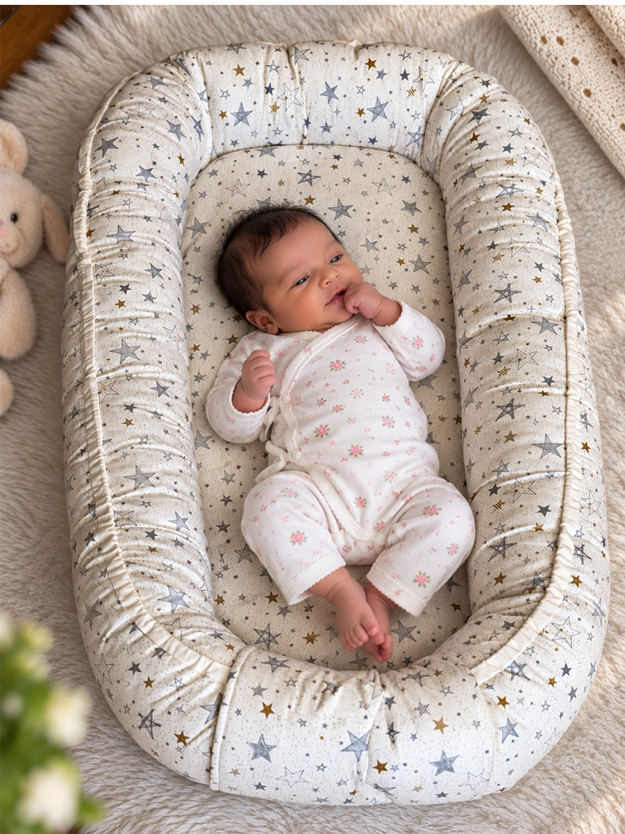 Premium Organic Cotton Multipurpose Baby Nest – Newborn Baby Lounger & Baby Bed | Grey & Gold Star Print | Ziva Collected | Carefully Selected for Your Little One