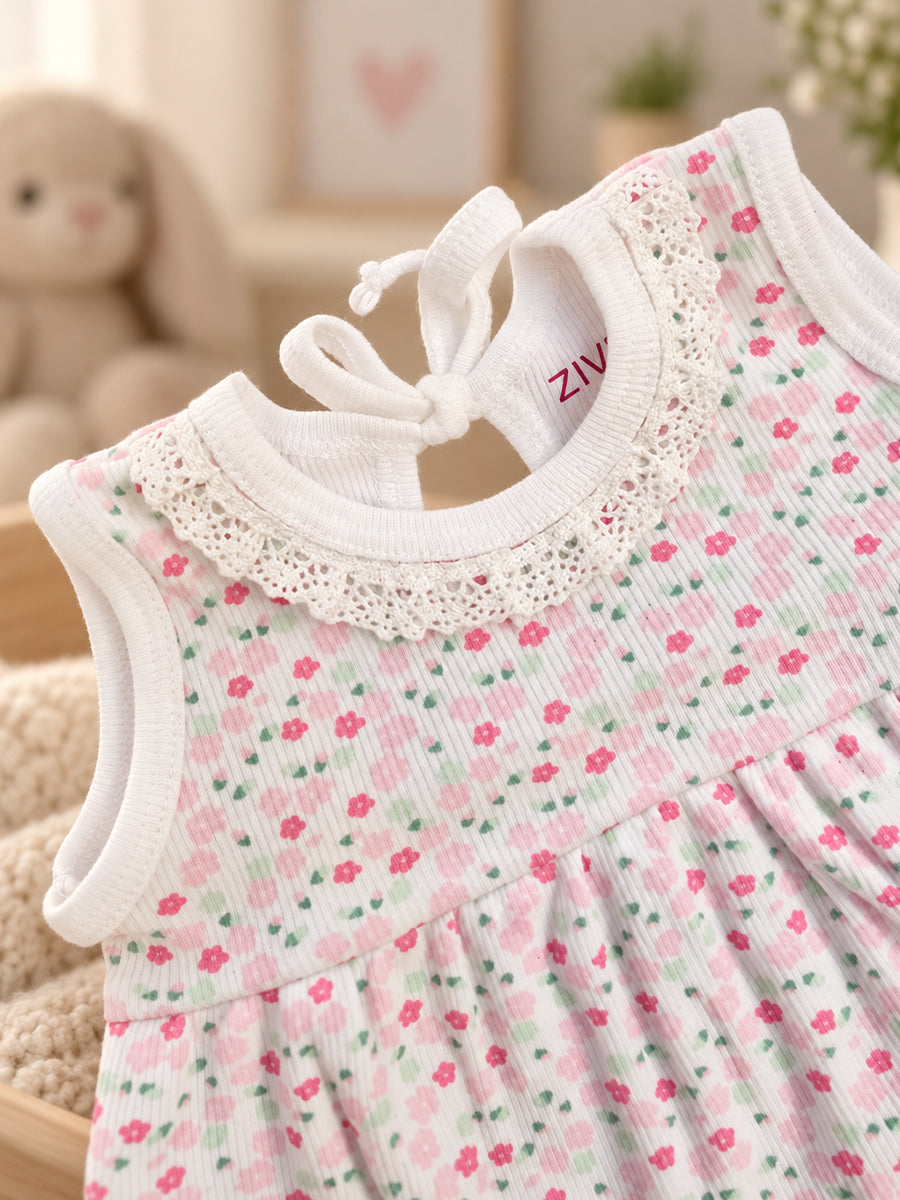 Ziva Baby Girl Frock with Pantie – Soft Ivory Pink Floral Print | Premium Knitted Cotton | Crochet Lace Neckline & Back Knot Tie | 2-Piece Set