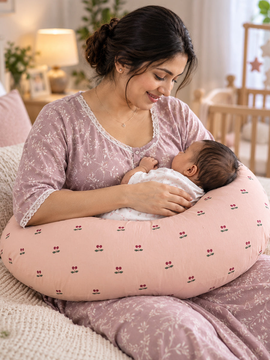 Ziva Multipurpose Feeding Pillow – Premium Organic Cotton | Light Brown with Tiny Cherry Print | Removable & Washable Cover