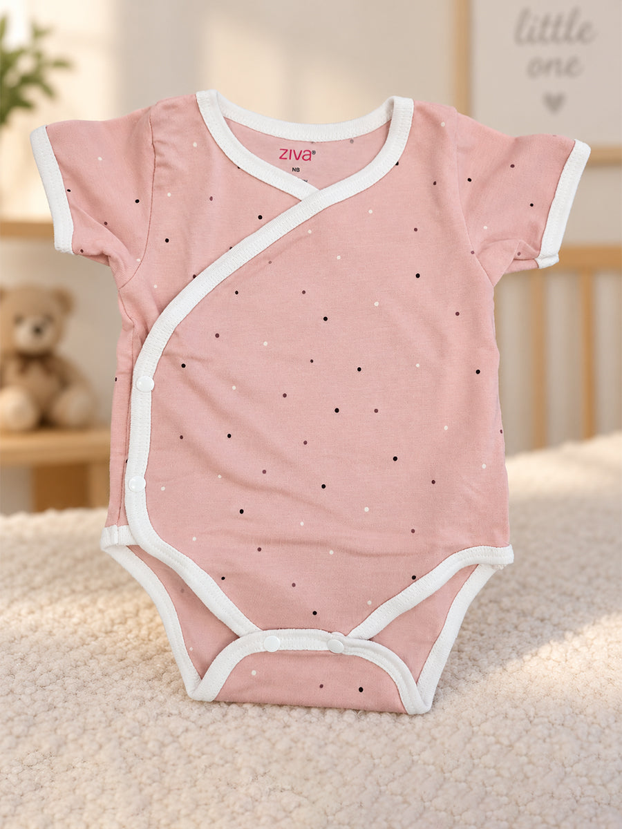 Ziva Baby Premium Knitted Cotton Overlap Romper – Pack of 3 | Blush Pink Tiny Floral, Dusty Rose Mini Dot & White Peach Bunny Assorted Prints.