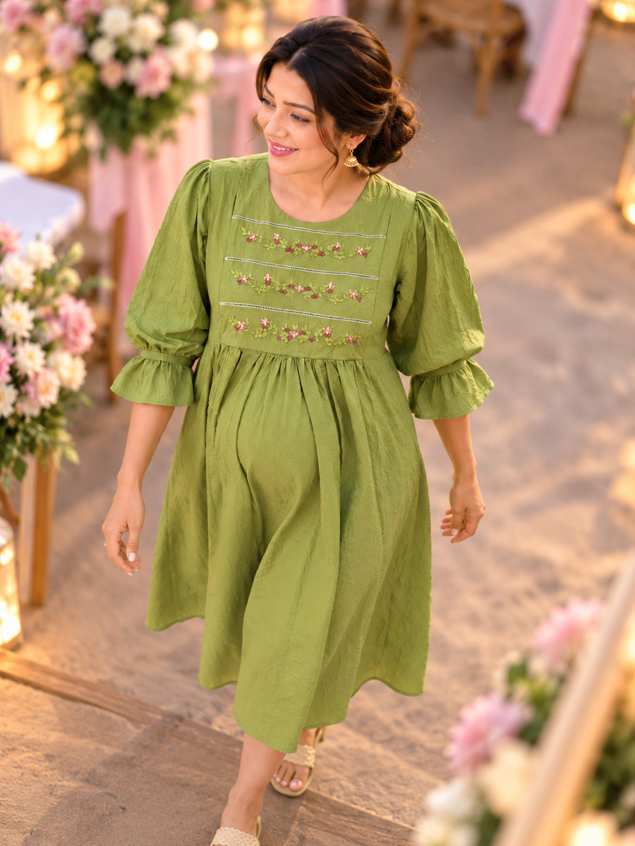 Ziva Premium Crinkle Viscose Maternity & Feeding Occasion Dress with Hand-Embroidered Yoke & Adjustable Puff Sleeves | Olive Green