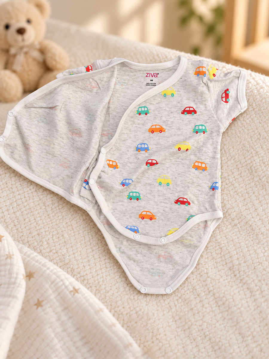 Ziva Baby Premium Knitted Cotton Overlap Romper – Pack of 3 | Grey Multicolour Car, Baby Blue Tiny Star & White Teddy Bear Assorted Prints | Newborn