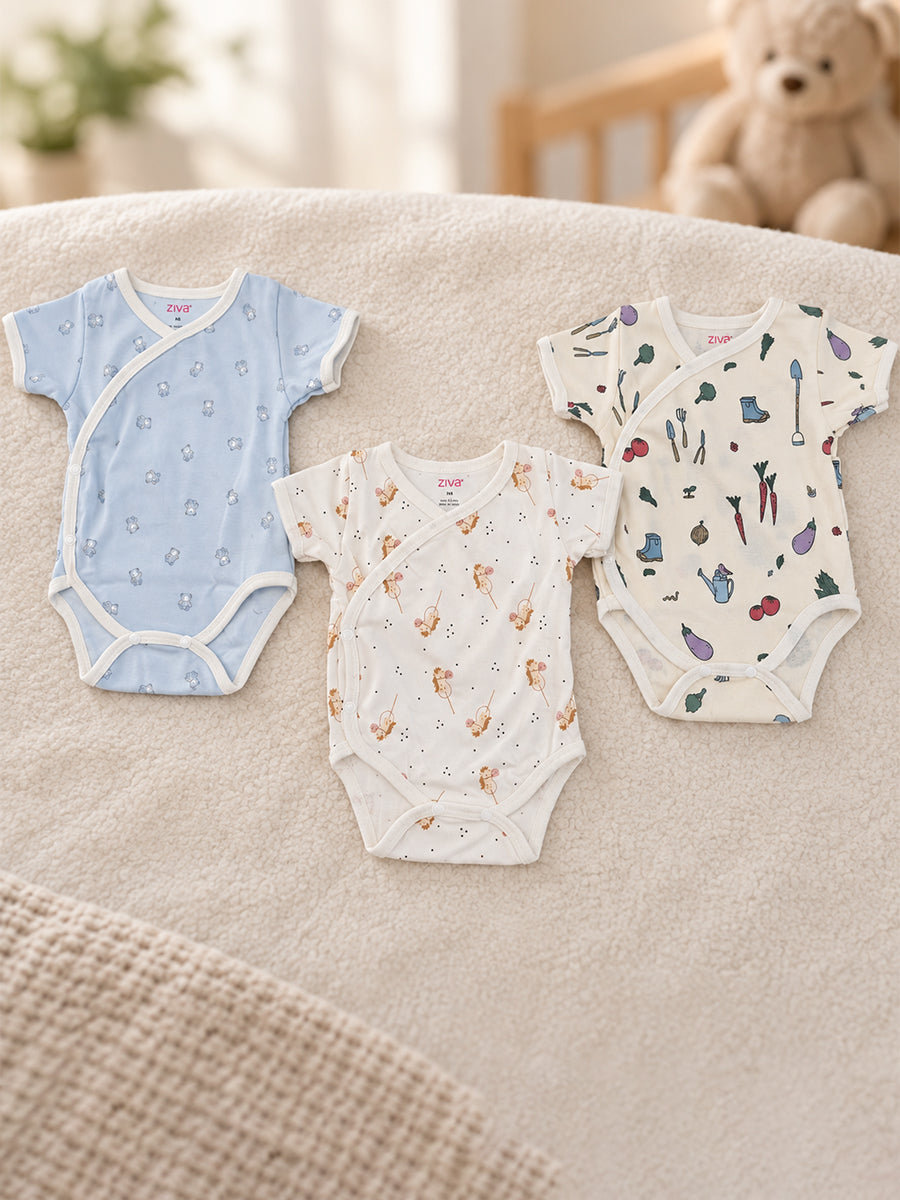 Ziva Baby Premium Knitted Cotton Overlap Romper – Pack of 3 | Baby Blue Teddy Bear, Cream Tiny Mouse & Garden Vegetable Assorted Prints