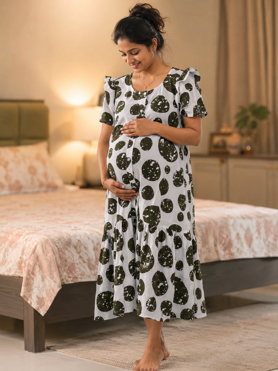 Ziva Maternity & Feeding Cotton Full-Open Short Nighty with Side Pocket – Dark Greenish Grey & Off White Irregular Spot Print