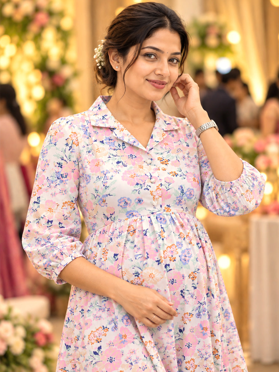 Ziva Premium Cotton Twill Maternity & Feeding Dress with Collared Neck, Concealed Zips & Side Pocket | Soft Cream White Multicolour Floral