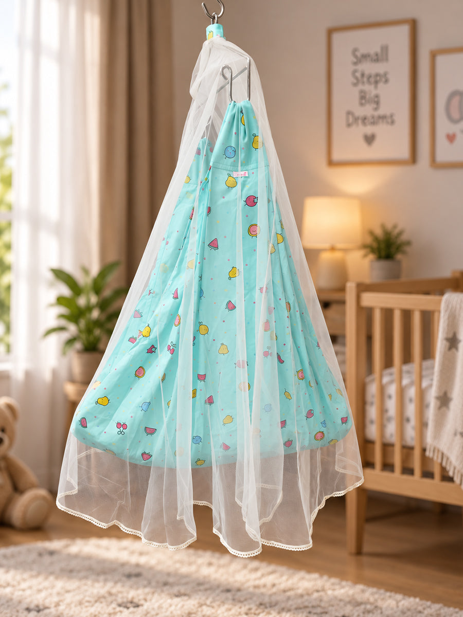 Ziva Baby Cradle – Fruity Friends Cream | Premium Cotton Cloth Cradle with Aqua Blue Mosquito Net, Hanger & S-Hook