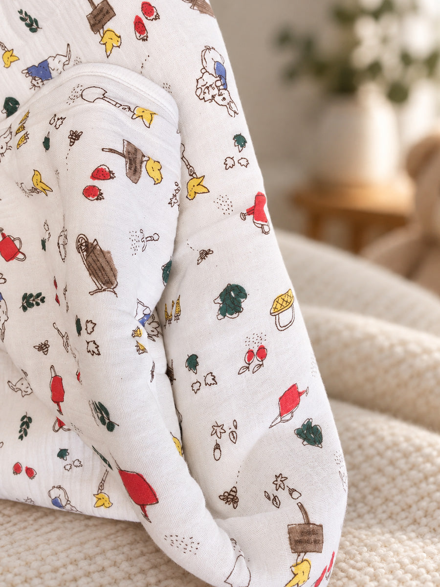 Ziva Premium Muslin Hooded Towel – Double Layer Muslin with Soft Fleece Core | Garden Bunny Print