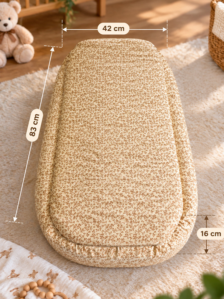 Premium Organic Cotton Baby Nest – Newborn Baby Lounger & Baby Bed | Beige Floral Vine Print. | Ziva Collected | Carefully Selected for Your Little One