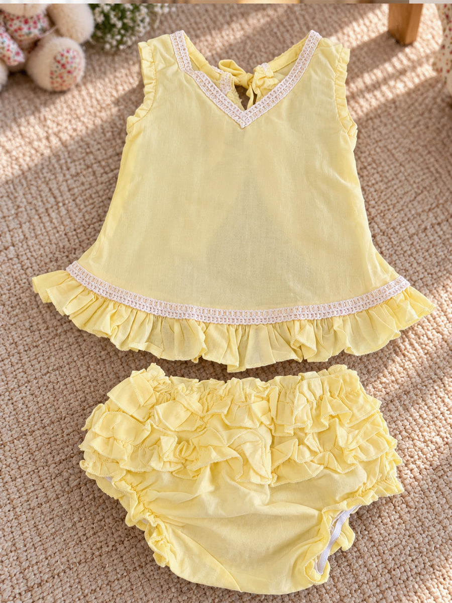 Ziva Baby Girl Cotton Ruffle Top & Bloomer Set – Soft Yellow | Cream Lace Detail | 1 Top + 1 Bloomer