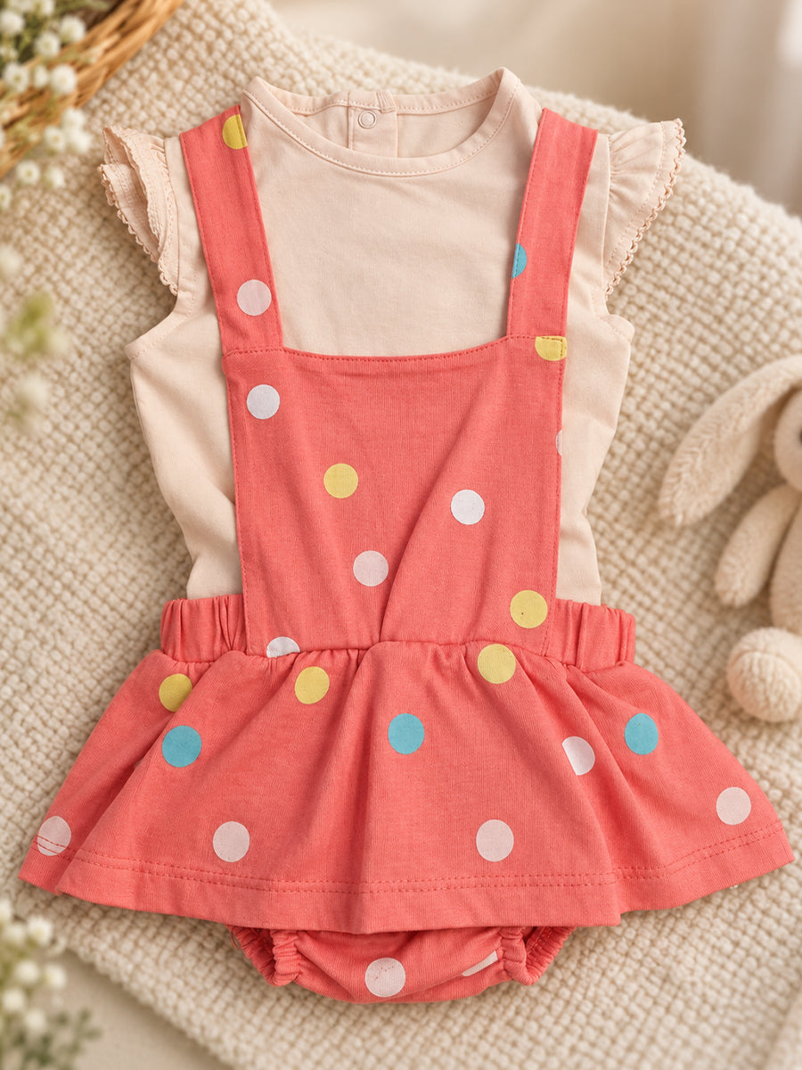 Baby Knitted Cotton Pinafore Romper Set – Coral Multicolour Polka Dot | Inner Top & Hairband | Newborn to 9–12 Months