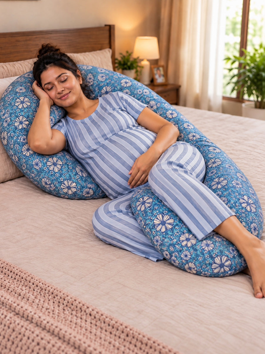 Ziva Multipurpose Pregnancy Pillow / Maternity Pillow / Body Pillow – 9 Shape (C Shape) – Blue Floral Print | 100% Cotton