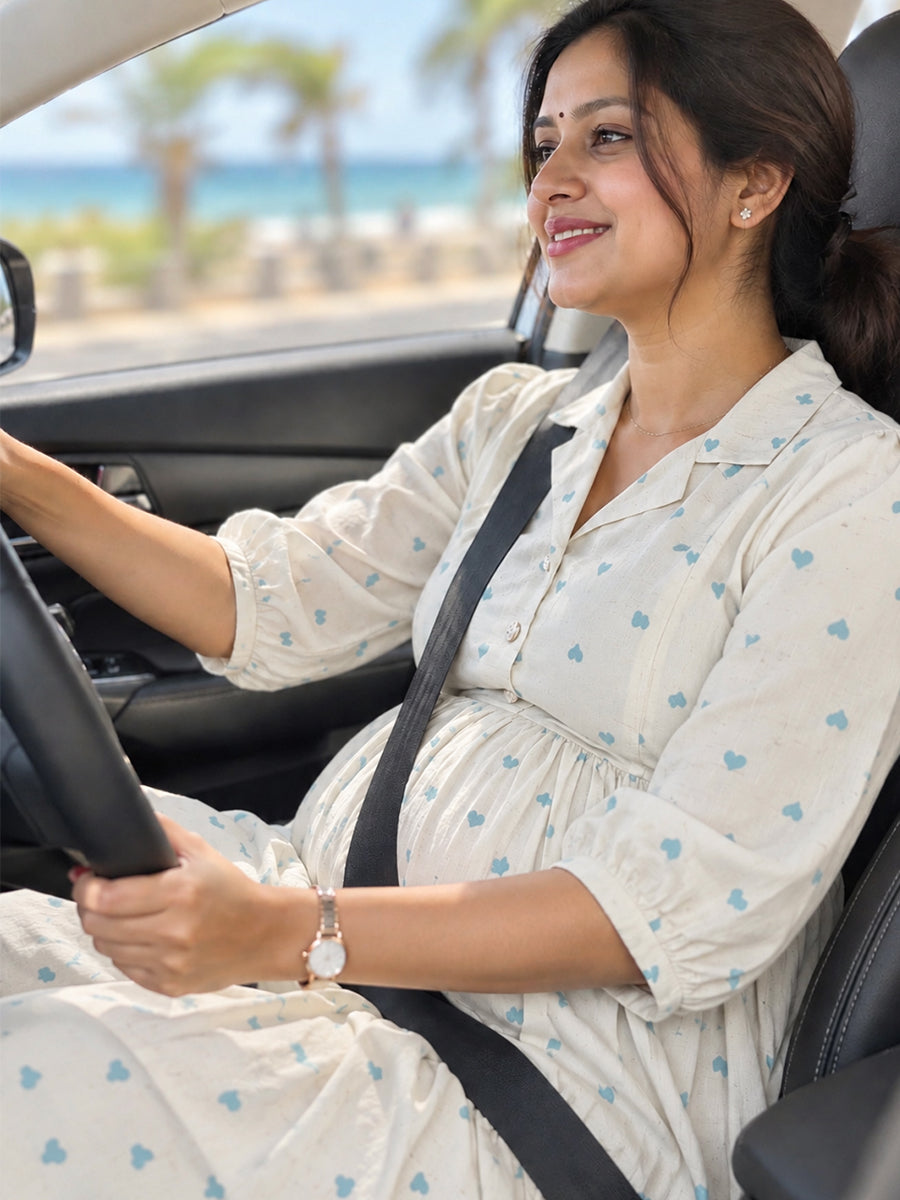 Ziva Premium Viscose Linen Maternity & Feeding Dress with Notched Collar, Concealed Zips & Side Pocket | Soft Cream Aqua Blue Heart Print