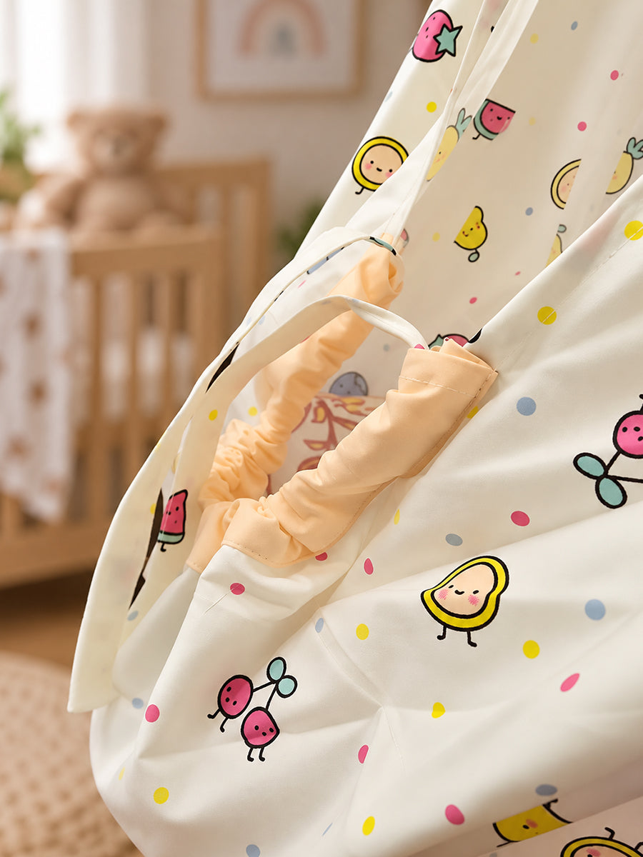Ziva Baby Cradle – Fruity Friends Cream | Premium Cotton Cloth Cradle with Mosquito Net, Hanger & S-Hook