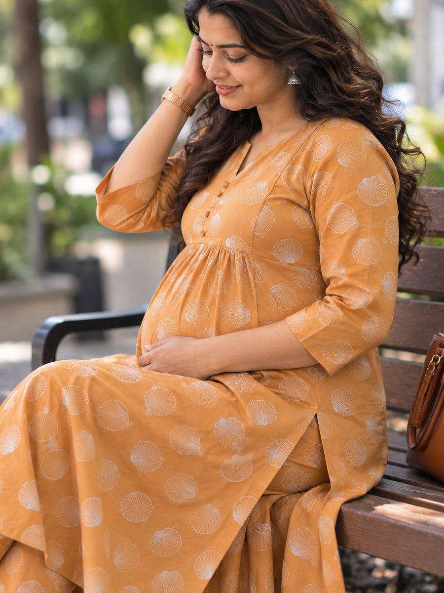 Ziva Maternity & Feeding Cotton Co-ord Set with Side Zips & Pockets – Warm Orange Yellow Seashell Print