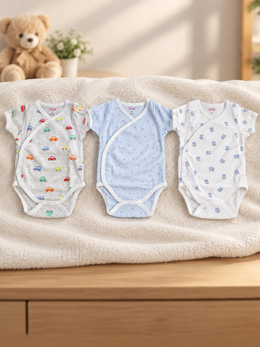 Ziva Baby Premium Knitted Cotton Overlap Romper – Pack of 3 | Grey Multicolour Car, Baby Blue Tiny Star & White Teddy Bear Assorted Prints | Newborn
