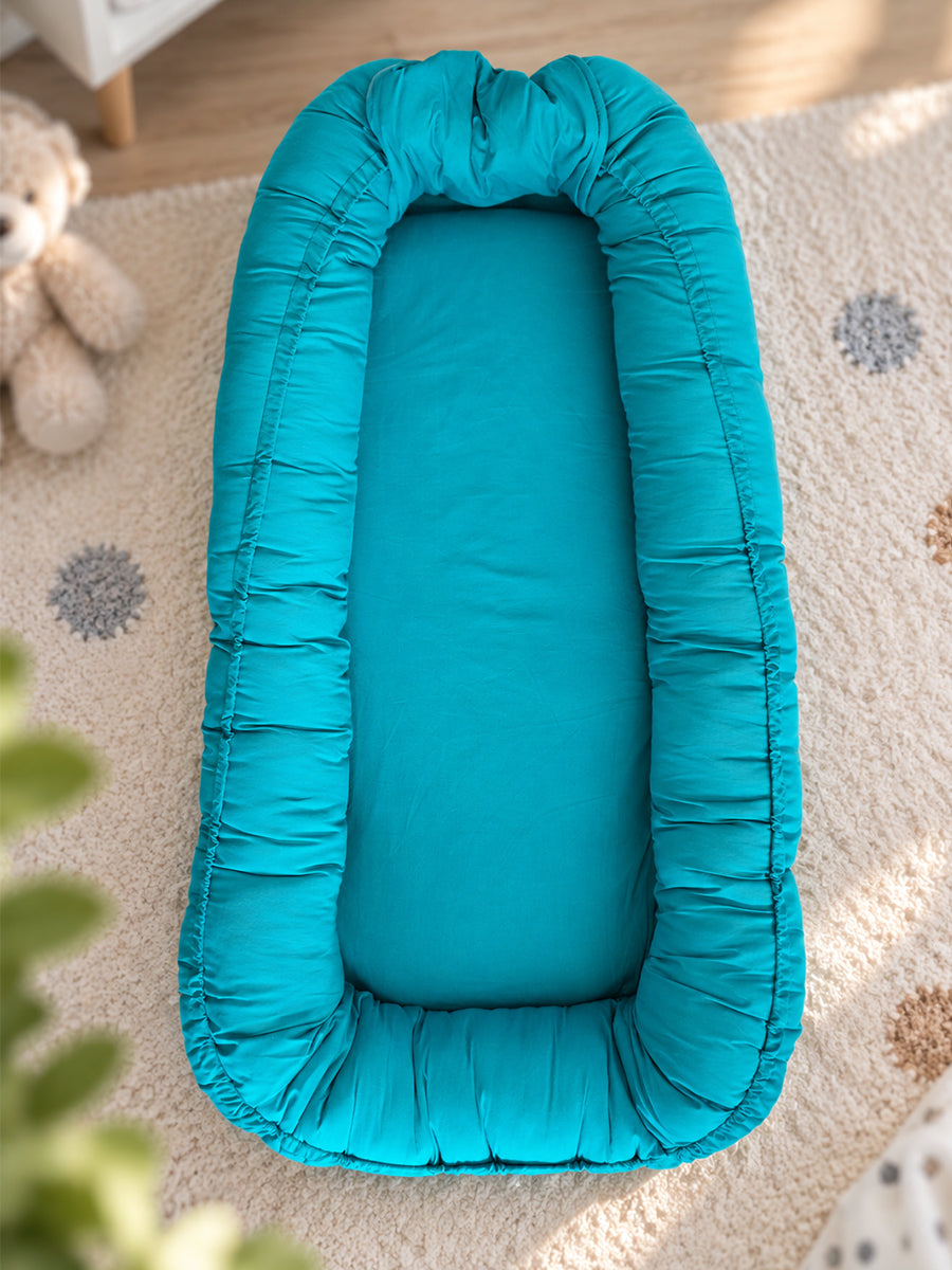 Premium Organic Cotton Multipurpose Baby Nest –  Newborn Baby Lounger & Baby Bed | Turquoise Blue | Ziva Collected | Carefully Selected for Your Little One