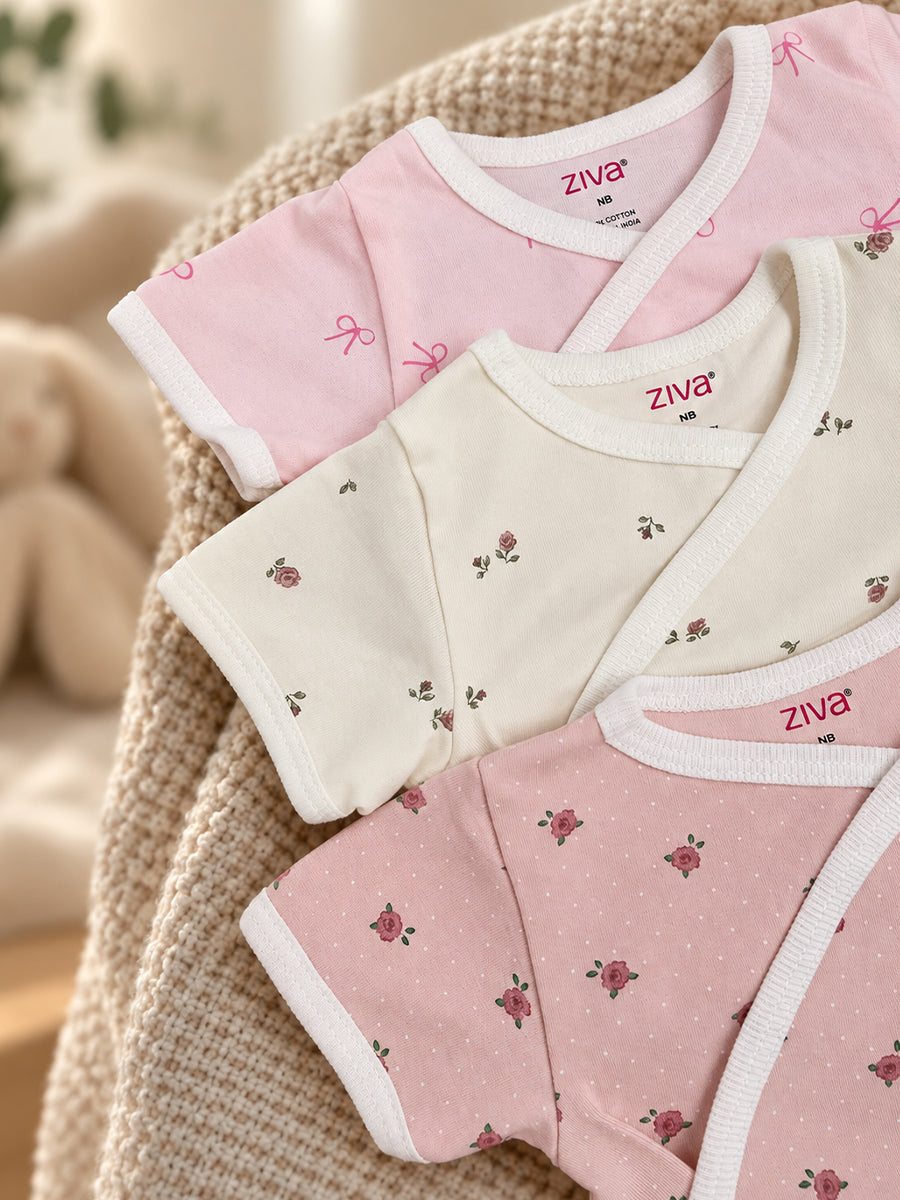 Ziva Baby Premium Knitted Cotton Overlap Romper – Pack of 3 | Ivory Mini Rose, Blush Pink Rose Dot & Baby Pink Bow Assorted Prints
