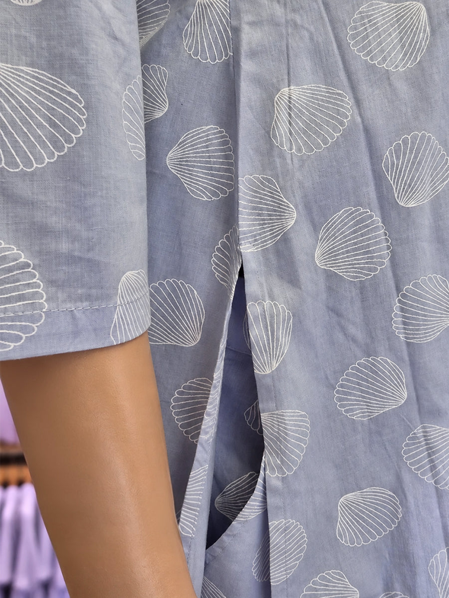 Ziva Maternity & Feeding Cotton Co-ord Set with Side Zips & Pockets – Pale Lavender Seashell Print