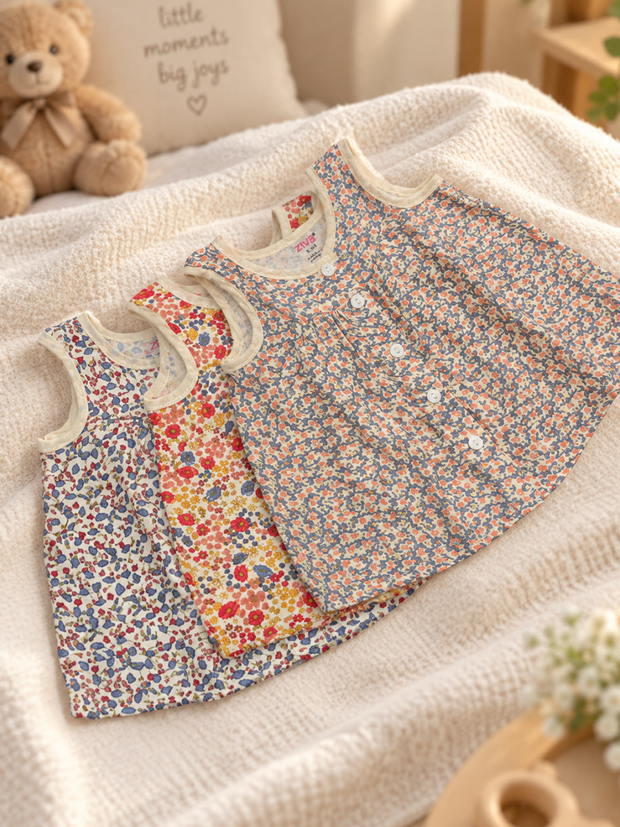 Ziva Muslin Baby Girl Front Button Frock – Pack of 3 | Premium Muslin Cotton | Assorted Floral Prints (Print Details: Check Product Description)