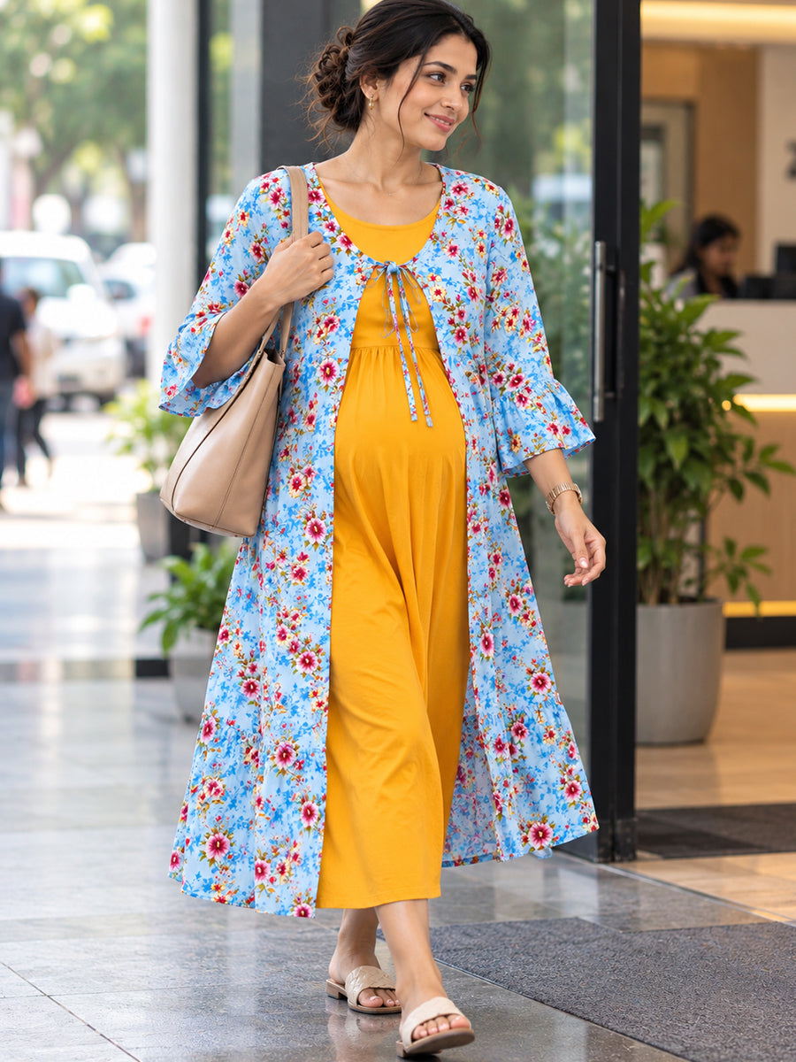 Ziva Premium Rayon Maternity & Feeding Dress with Sleeveless Inner & Floral Tie-Up Long Jacket with side pocket – Dark Orange Yellow & Light Aqua Blue Floral