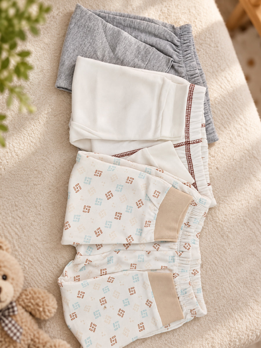 Baby Knitted Cotton Pants Combo – Pack of 3 | Grey, Off-White & Assorted Geometric Print | 6–9 Months | Ziva Collected | Carefully Selected for Your Little One