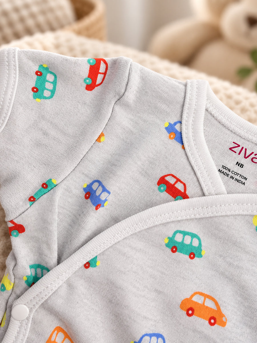 Ziva Baby Premium Knitted Cotton Overlap Romper – Pack of 3 | Grey Multicolour Car, Baby Blue Tiny Star & White Teddy Bear Assorted Prints | Newborn