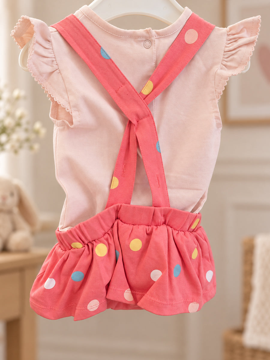 Baby Knitted Cotton Pinafore Romper Set – Coral Multicolour Polka Dot | Inner Top & Hairband | Newborn to 9–12 Months