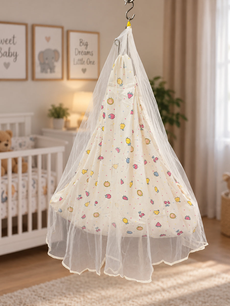 Ziva Baby Cradle – Fruity Friends Cream | Premium Cotton Cloth Cradle with Mosquito Net, Hanger & S-Hook