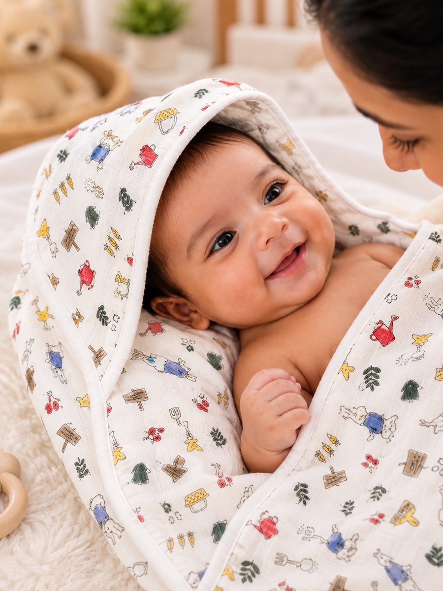 Ziva Premium Muslin Hooded Towel – Double Layer Muslin with Soft Fleece Core | Garden Bunny Print