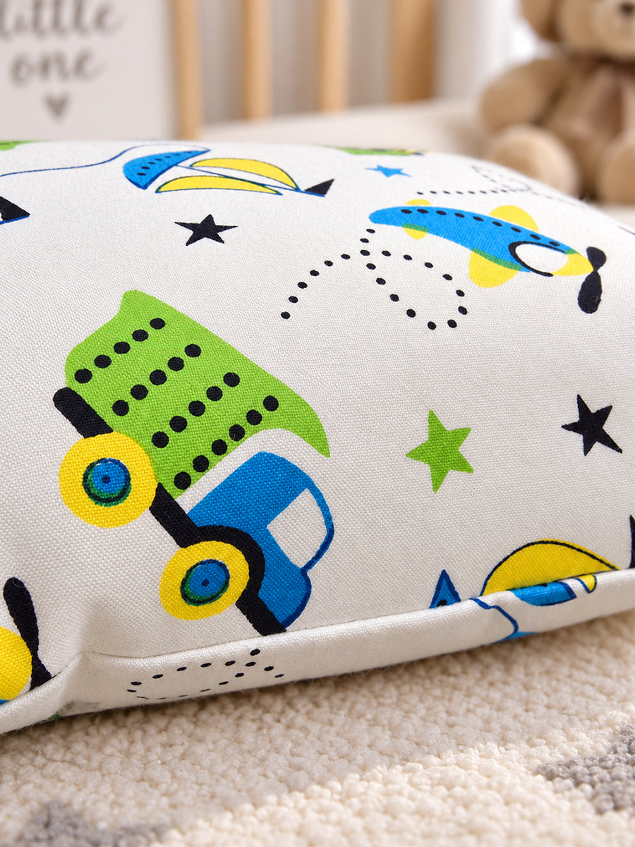 Ziva Baby Pillow with Cotton Cloth Cover – Multicolour Transport Print | Lightweight Soft-Filled Inner Cushion