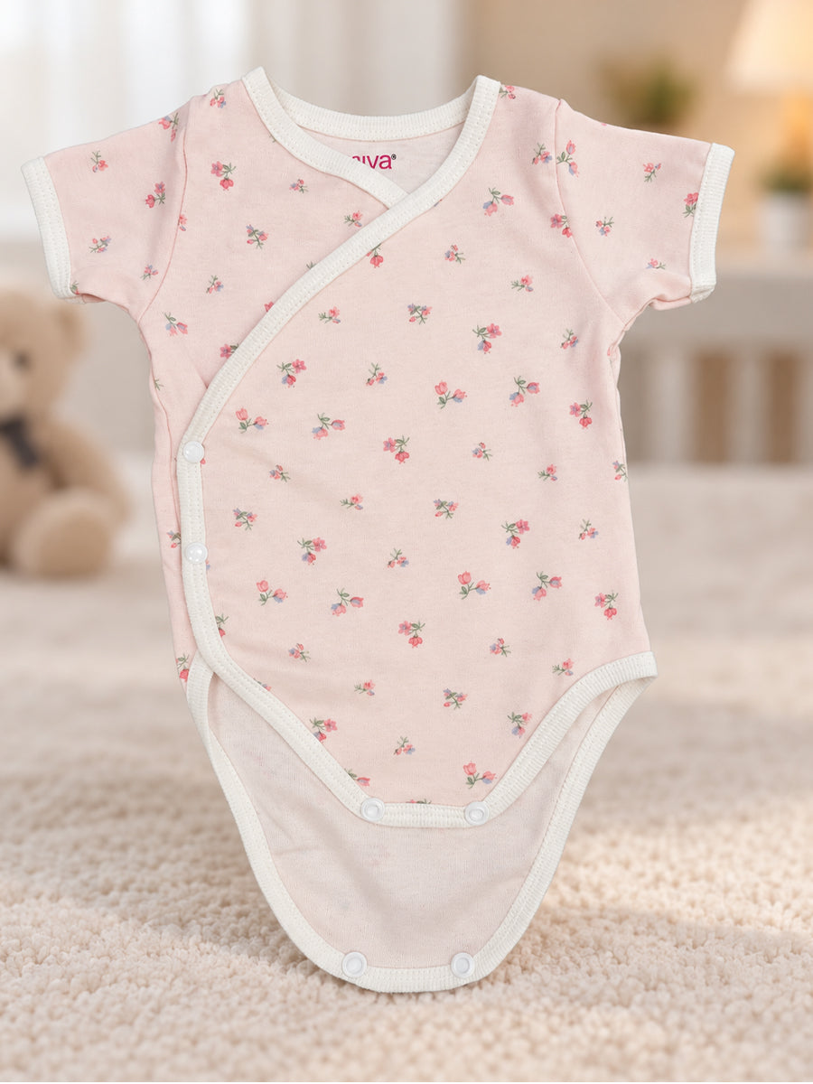 Ziva Baby Premium Knitted Cotton Overlap Romper – Pack of 3 | Blush Pink Tiny Floral, Dusty Rose Mini Dot & White Peach Bunny Assorted Prints.