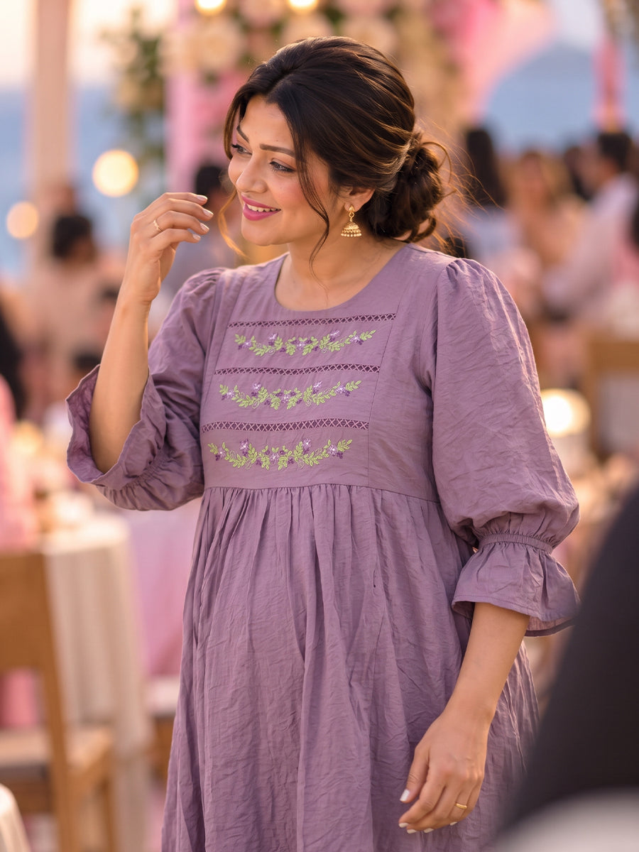 Ziva Premium Crinkle Viscose Maternity & Feeding Occasion Dress with Hand-Embroidered Yoke & Adjustable Puff Sleeves | Dusty Lavender