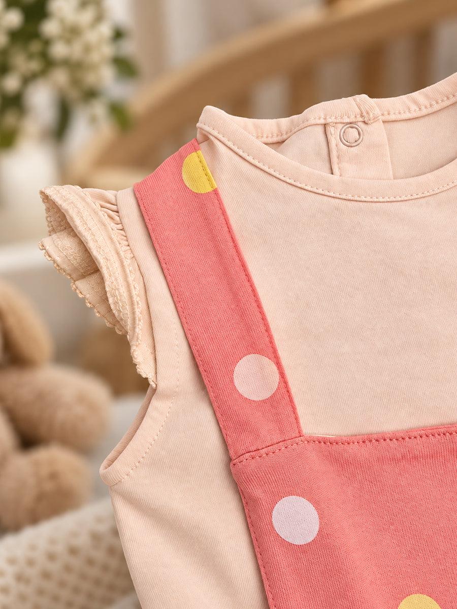 Baby Knitted Cotton Pinafore Romper Set – Coral Multicolour Polka Dot | Inner Top & Hairband | Newborn to 9–12 Months
