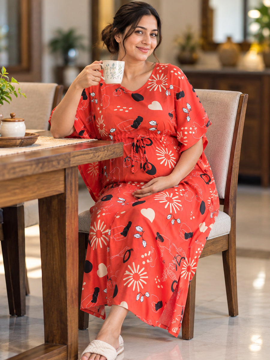 Ziva Maternity & Feeding Rayon Kaftan – Concealed Feeding Zips & Waist Adjustable Tie | Coral Red Abstract Botanical Print