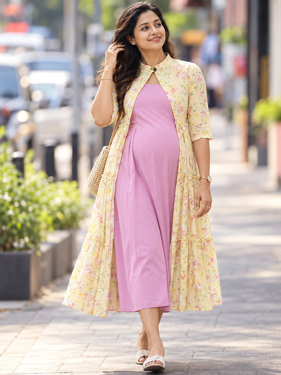 Ziva Maternity & Feeding Sleeveless Dress with Versatile Floral Tiered Jacket – 3 Ways to Wear | Soft Lilac Pink & Pale Lemon Yellow Floral