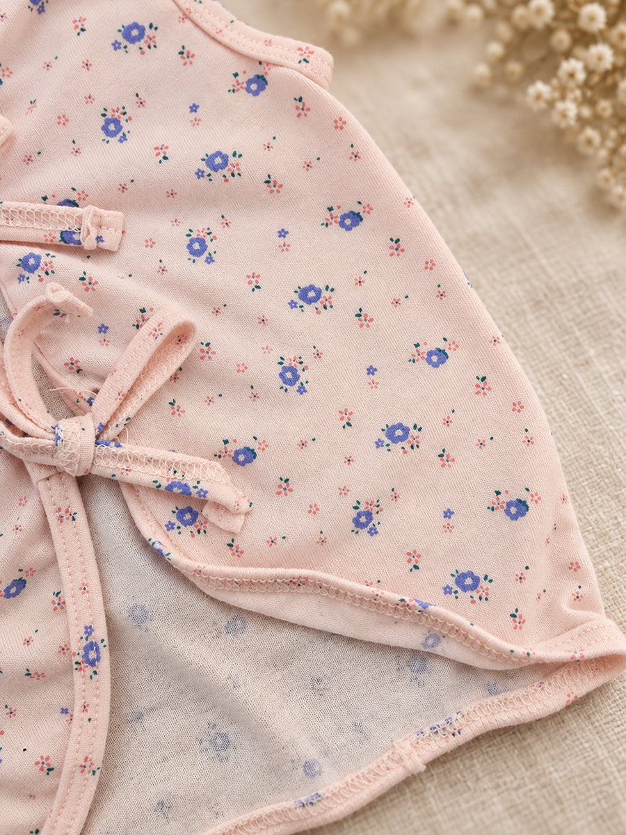 Ziva Newborn Knitted Cotton Front Open Tie Jabla with Tie Nappy – Blush Pink Tiny Floral Print | 1 Jabla + 1 Nappy