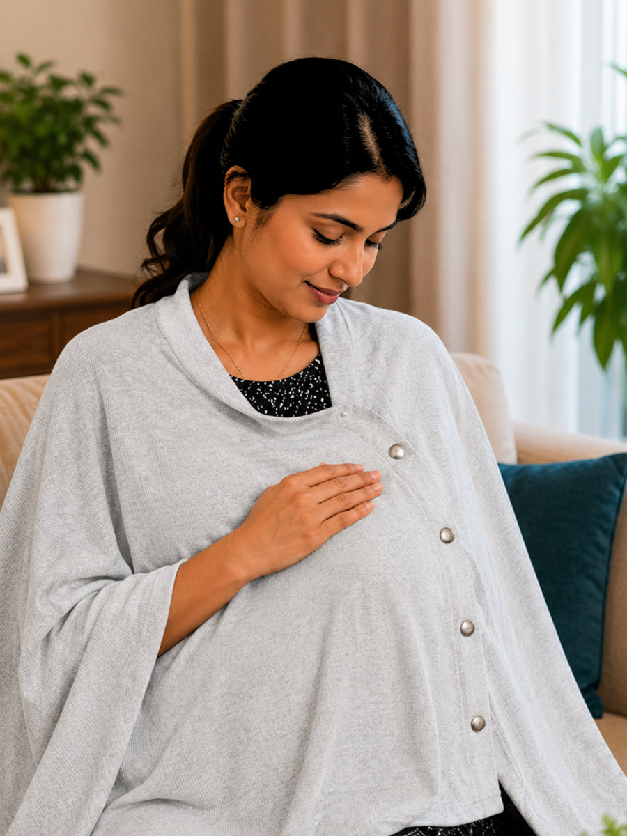 Ziva Multipurpose Nursing Cover – Premium Knitted Cotton Breastfeeding Cover with Press Buttons | Light Grey