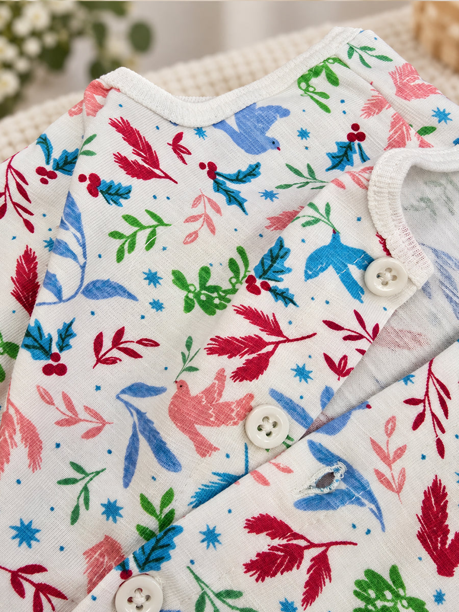 Ziva Baby Playsuit Romper – Multicolour Botanical Bird Print | Knitted Cotton | Sleeveless | Full Front Button Open