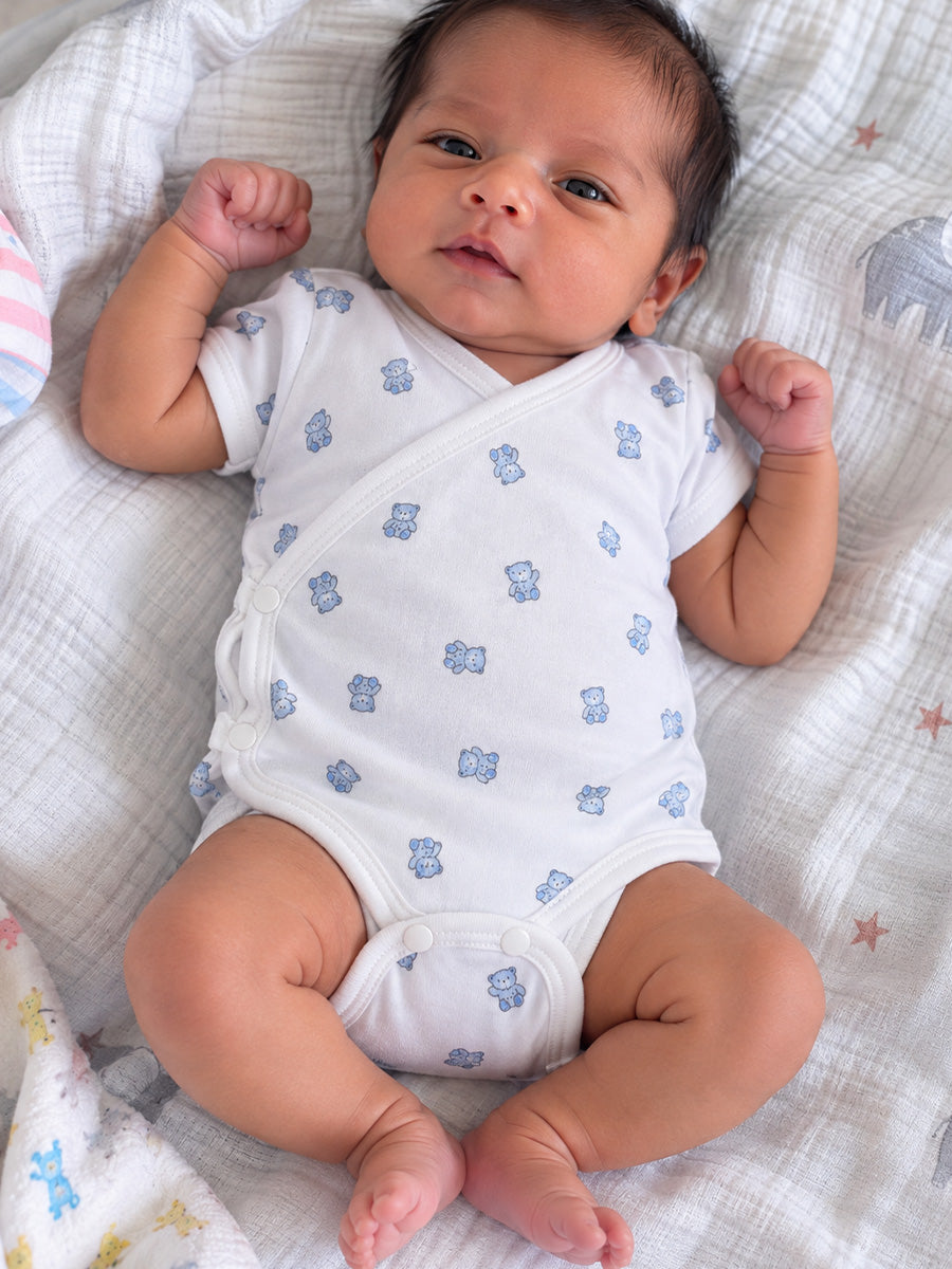 Ziva Baby Premium Knitted Cotton Overlap Romper – Pack of 3 | Grey Multicolour Car, Baby Blue Tiny Star & White Teddy Bear Assorted Prints | Newborn