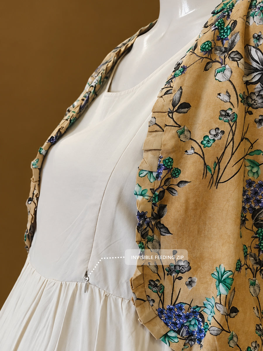 Ziva Maternity & Feeding Sleeveless Dress with Frill-Detail Floral Jacket | Off-White & Warm Sand Botanical Floral