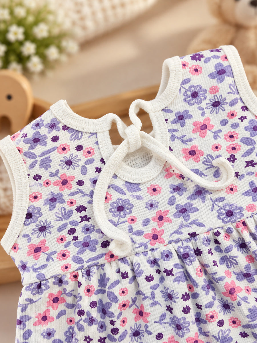 Ziva Baby Girl Frock with Pantie – Pink & Purple Floral Print | Premium Knitted Cotton | Crochet Lace Yoke & Back Knot Tie | 2-Piece Set