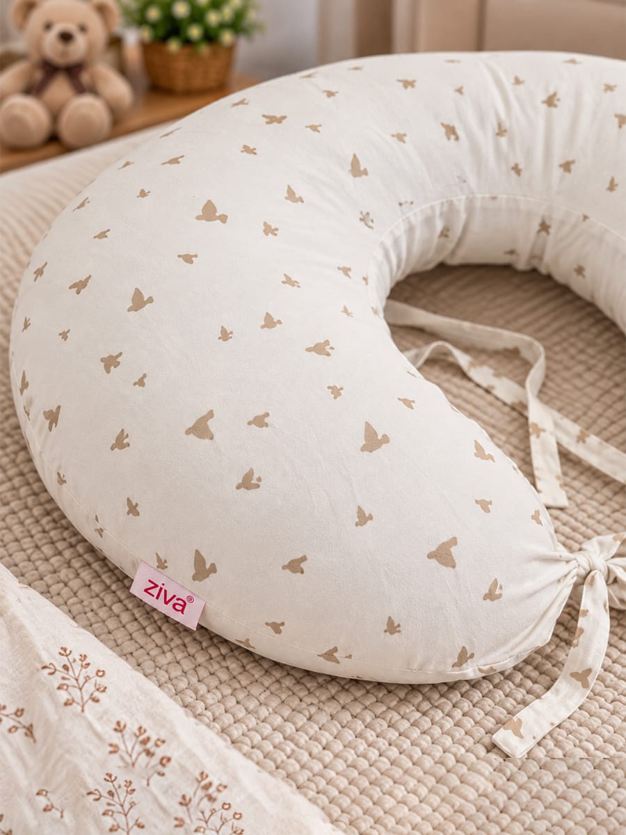 Ziva Multipurpose Feeding Pillow – White with Warm Beige Bird Print | 100% Cotton Cover | Removable & Washable