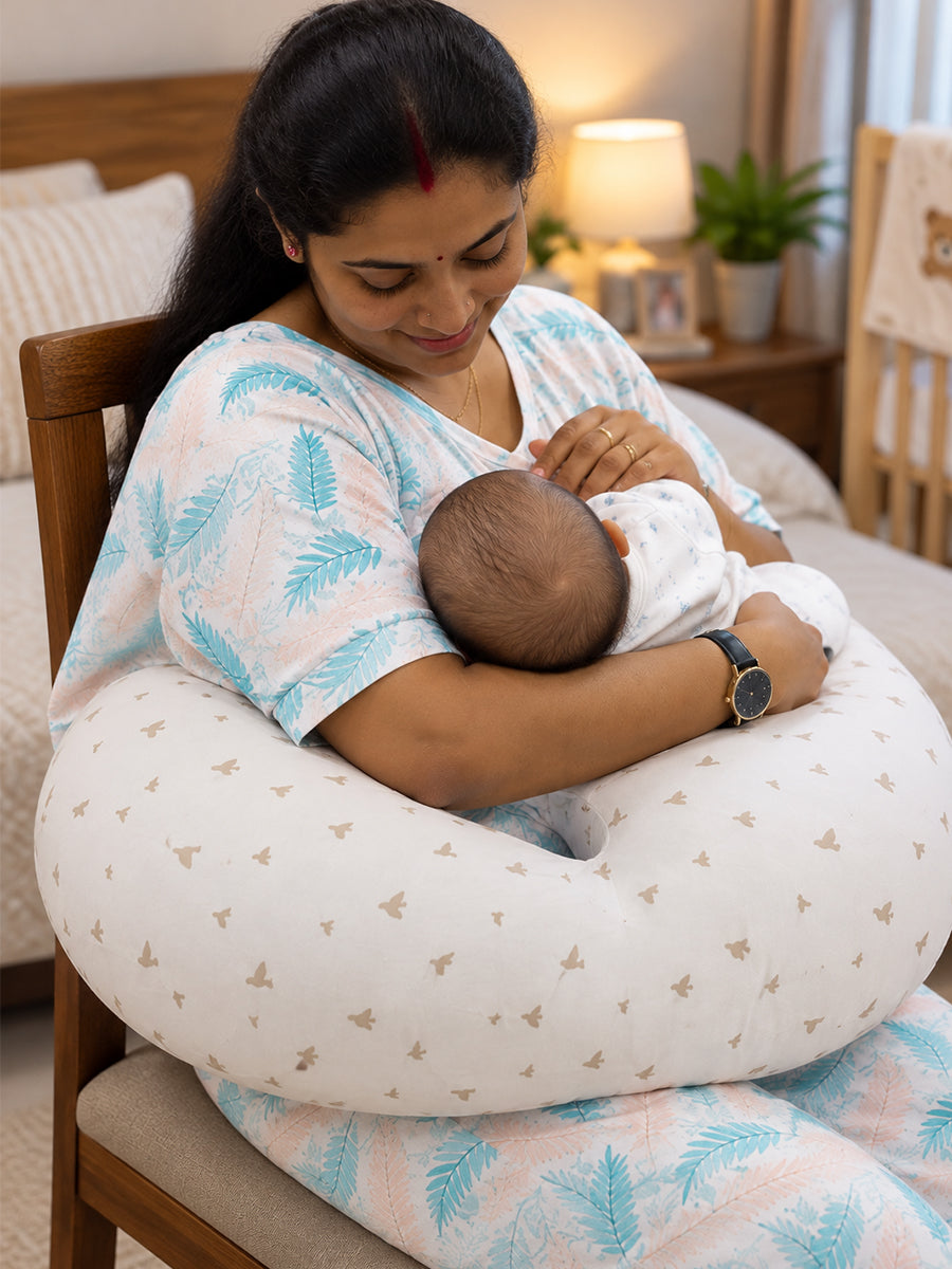 Ziva Multipurpose Feeding Pillow – White with Warm Beige Bird Print | 100% Cotton Cover | Removable & Washable