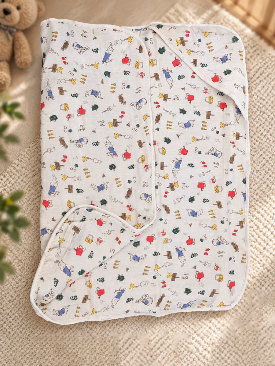 Ziva Premium Muslin Hooded Towel – Double Layer Muslin with Soft Fleece Core | Garden Bunny Print